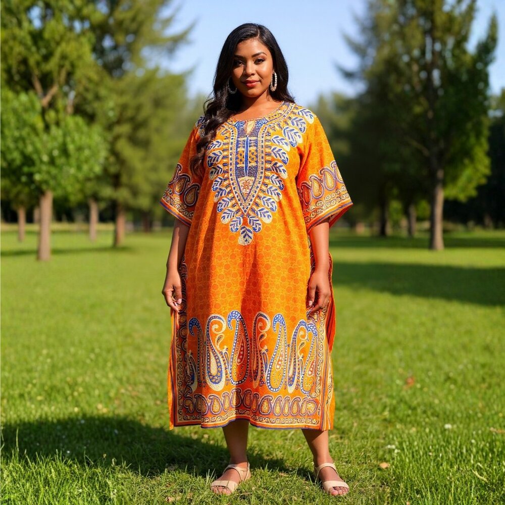 Paisley Printed Orange Polyester Plus Size Kaftan Dress for Women by Gypsie Blu
